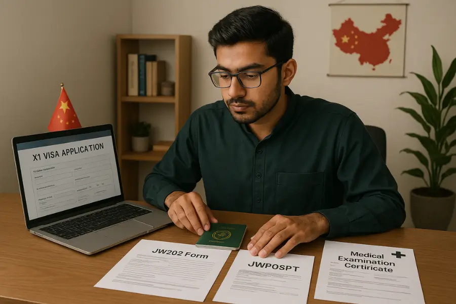 "Pakistani Student Preparing for X1 Visa Application for China" "Pakistani student reviewing required documents for X1 Visa for China application"