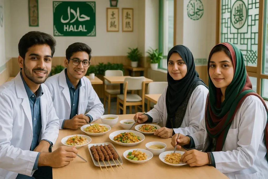 Halal Food in China for Pakistani MBBS Students. Halal food in China for Pakistani students eating at a Muslim restaurant.