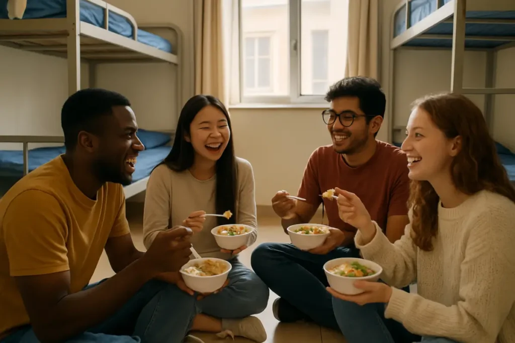 "Hostel Life in China: A Snapshot of International Students" "International students enjoying meal together in their dorm room, showcasing hostel life in China."