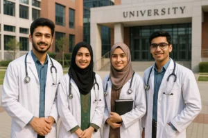 Pakistani MBBS Students in China University MBBS in China — Pakistani students outside a Chinese medical university campus