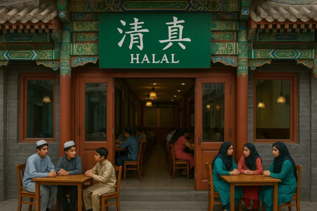 Halal Restaurant Entrance in China. Halal food in China for Pakistani students at a halal restaurant entrance.
