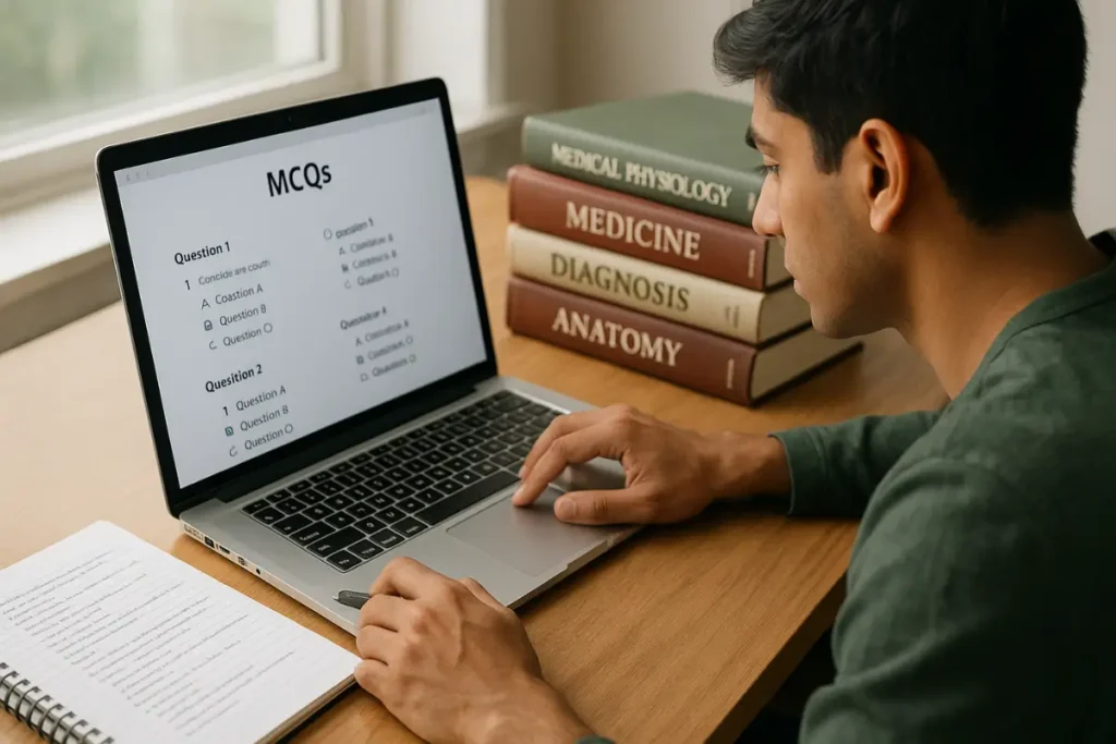 Exam Preparation for MBBS in China Study and exams for MBBS in China — student solving MCQs with notes and books