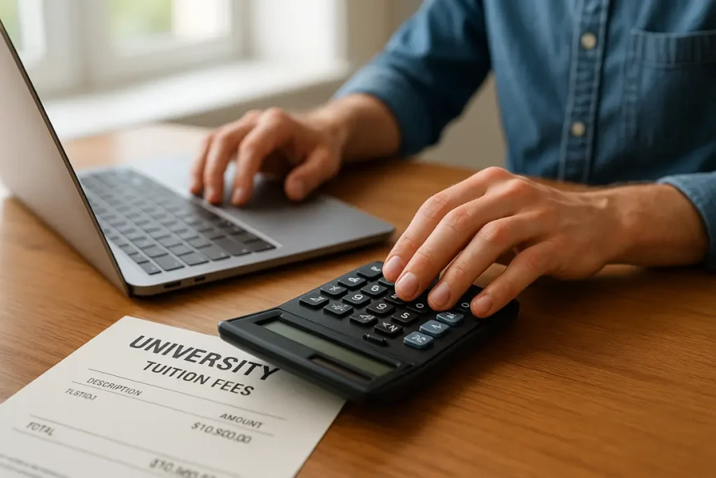 MBBS Tuition Fees in China Scholarships and finance for MBBS in China — tuition fee calculation with laptop and calculator