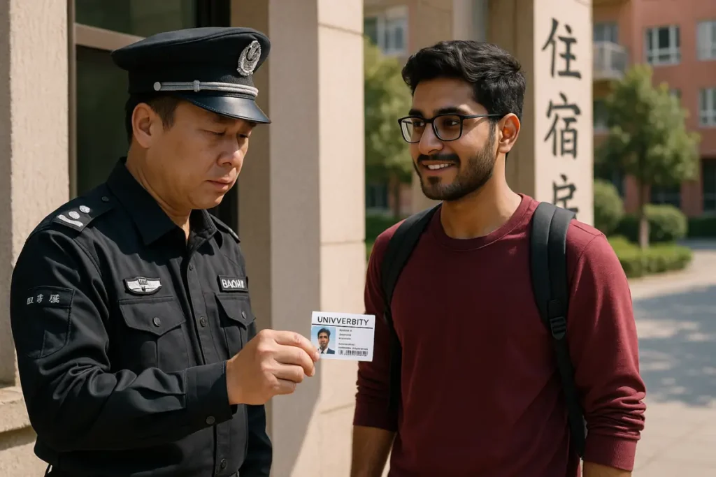 Hostel Safety in Chinese Universities Safety for Pakistani students in China — hostel security guard checking ID