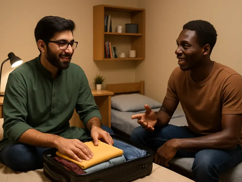 "Living with Roommates: Diverse Cultural Exchange in Chinese Dorms" "Two international students sharing a dorm room and interacting, representing hostel life in China."