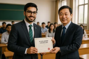 Scholarship Ceremony for MBBS Students in China MBBS in China scholarships — Pakistani student receiving a university scholarship certificate