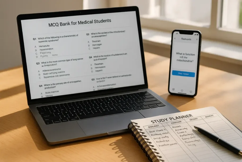 Study Tools and Exam Prep Student resources for MBBS in China — digital MCQ bank, flashcards, and planner