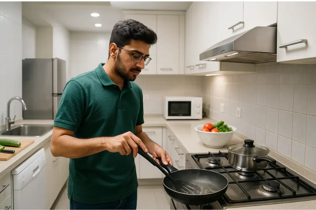 Hostel & Living Costs in China Scholarships and finance for MBBS in China — Pakistani student cooking in shared hostel kitchen