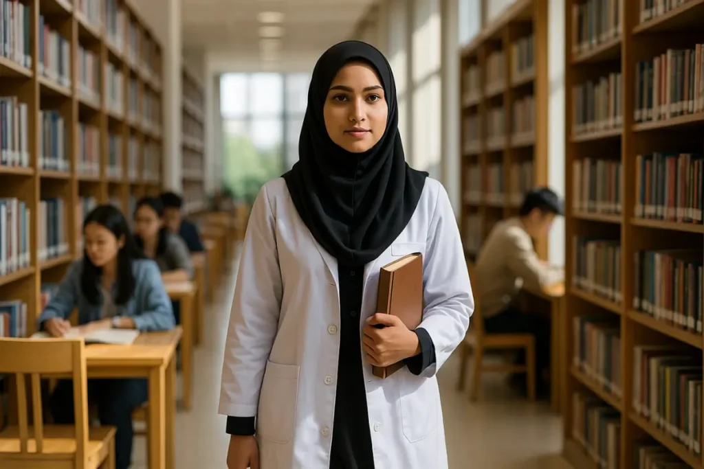 Safety for Female Students in China Safety for Pakistani students in China — female student walking safely in university library