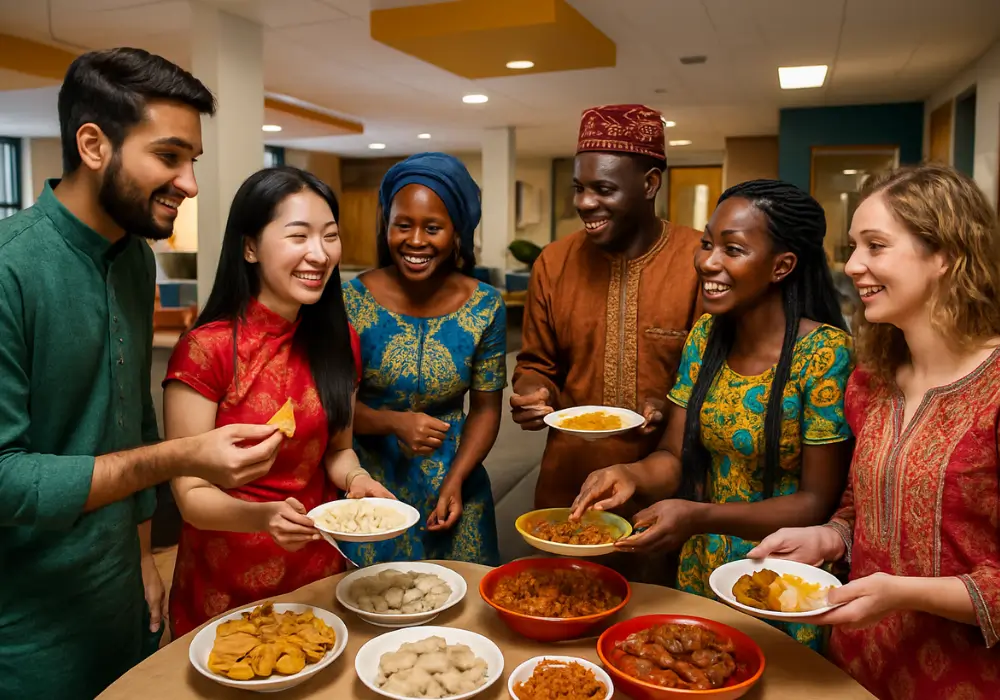 "Cultural Exchange in Chinese Dorms: Students Sharing Traditions" "International students participating in a cultural exchange, celebrating hostel life in China."