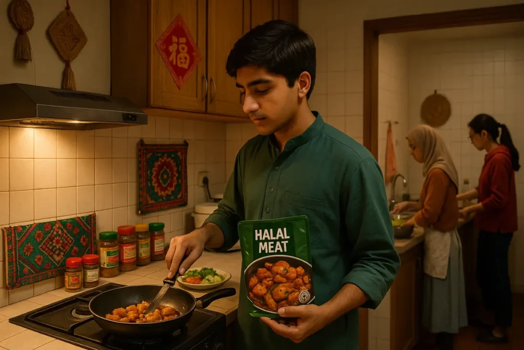 Cooking Halal Meals in a Chinese University Dorm. Halal food in China for Pakistani students cooking in a dorm kitchen.