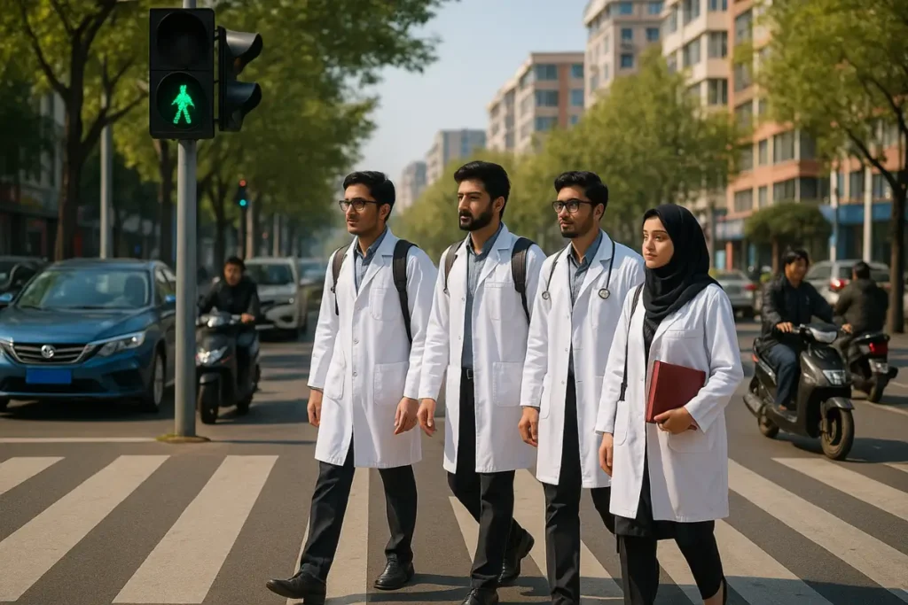 Traffic Safety in China Safety for Pakistani students in China — students crossing street at traffic light