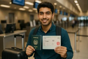 Student Visa for MBBS in China MBBS admission in China for Pakistani students 2025 — student at airport with visa