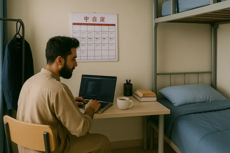 "Studying in the Dorms: A Typical Day for International Students in China" "International student studying in their dorm room as part of hostel life in China."
