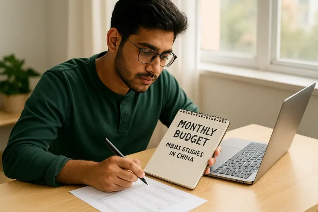 Financial Planning for MBBS in China Scholarships and finance for MBBS in China — student budgeting expenses on laptop and notebook
