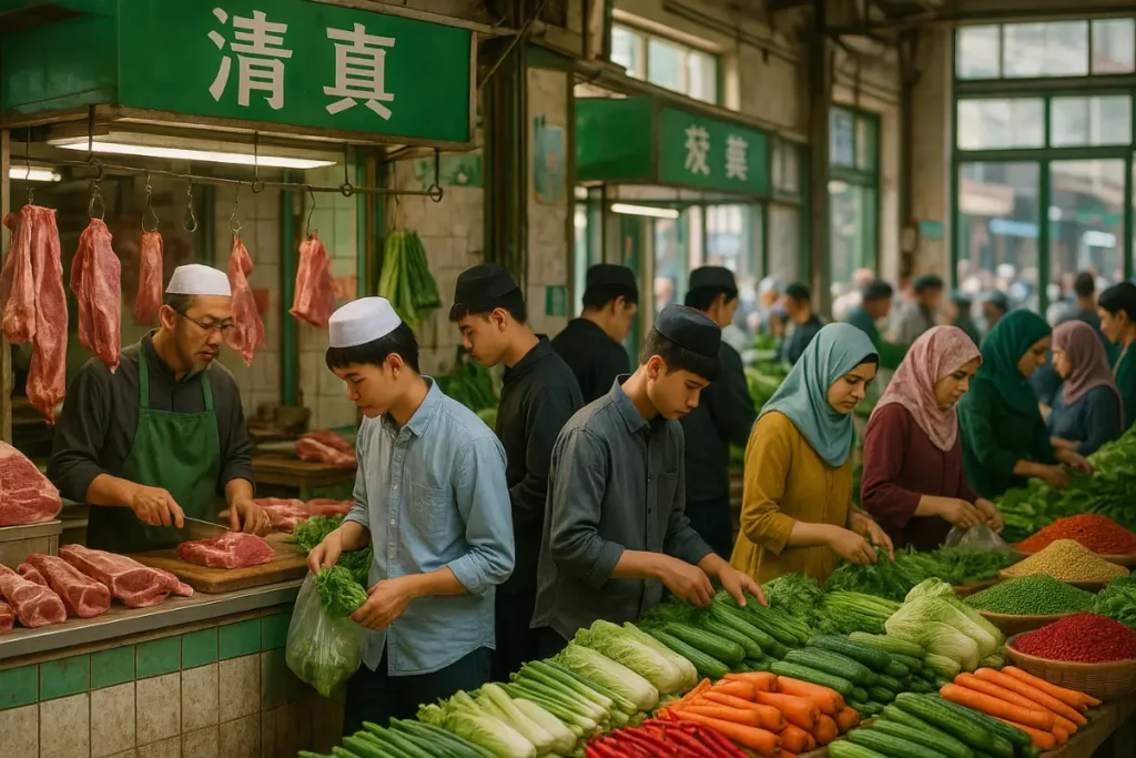 Halal Market in China. Halal food in China for Pakistani students buying meat at a halal market.
